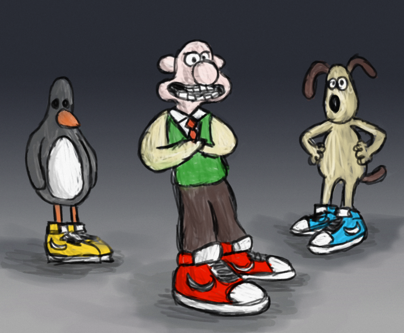 Illustration of Wallace (A bald white man), Gromit (a dog) and Feathers McGraw (a penguin) from the Wallace and Gromit animated cartoons wearing oversized nike sneakers and posing with arms folded or to their sides.